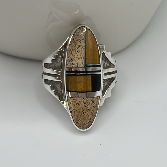 Southwest Sterling Silver Multicolor Inlay Elongated Oval Ring - Picture 5 of 6